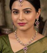 purple mehndi-plated agate stone necklace set with earrings & maang tikka