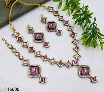 purple mehndi-plated agate stone necklace set with earrings & maang tikka 2
