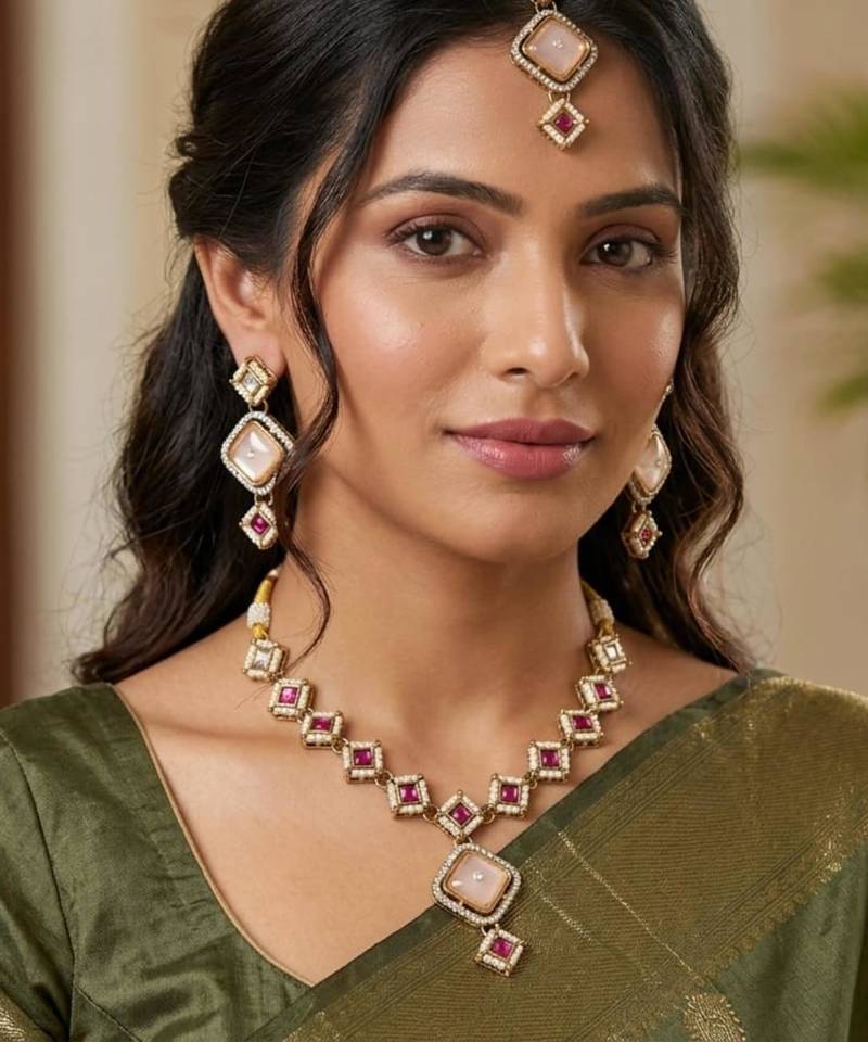 pink mehndi-plated agate stone necklace set with earrings & maang tikka