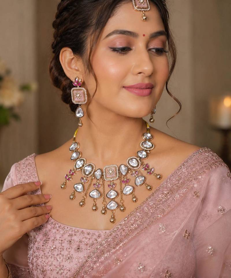 pink mehndi-plated agate stone necklace set with earrings & maang tikka