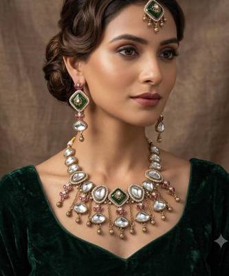 green mehndi-plated agate stone necklace set with earrings & maang tikka 1