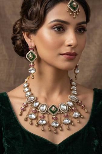 green mehndi-plated agate stone necklace set with earrings & maang tikka