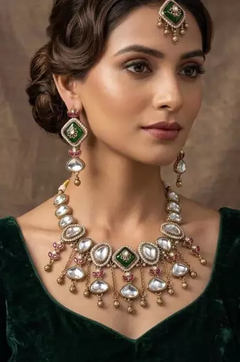 green mehndi-plated agate stone necklace set with earrings & maang tikka