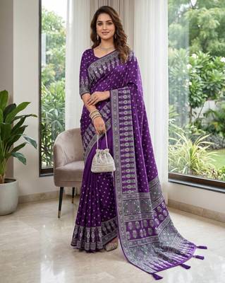 Purple Colour Mirror Work Border And Red Pallu With Red Tassels (Latkan) With Ajarakh Print Gajji Silk Saree 1