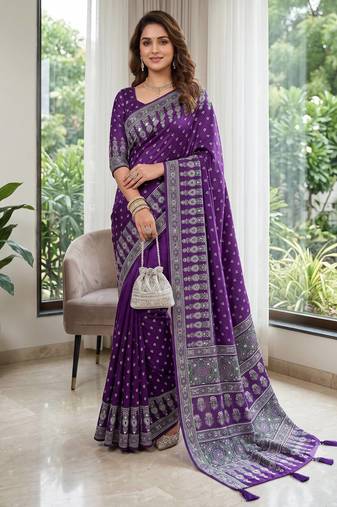 Purple Colour Mirror Work Border And Red Pallu With Red Tassels (Latkan) With Ajarakh Print Gajji Silk Saree