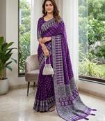 Purple Colour Mirror Work Border And Red Pallu With Red Tassels (Latkan) With Ajarakh Print Gajji Silk Saree