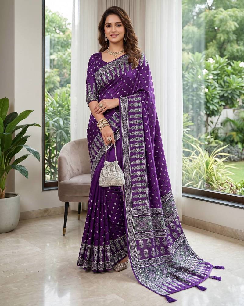 Purple Colour Mirror Work Border And Red Pallu With Red Tassels (Latkan) With Ajarakh Print Gajji Silk Saree