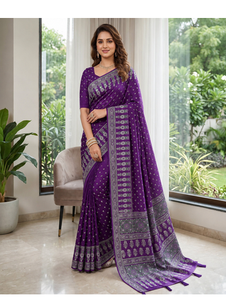 Purple Colour Mirror Work Border And Red Pallu With Red Tassels (Latkan) With Ajarakh Print Gajji Silk Saree 2