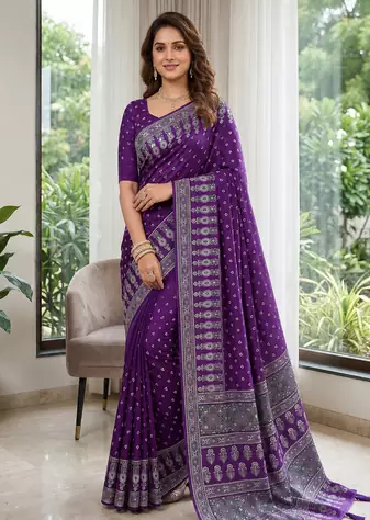 Purple Colour Mirror Work Border And Red Pallu With Red Tassels (Latkan) With Ajarakh Print Gajji Silk Saree