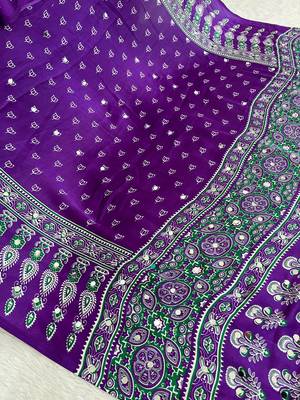 Purple Colour Mirror Work Border And Red Pallu With Red Tassels (Latkan) With Ajarakh Print Gajji Silk Saree 3