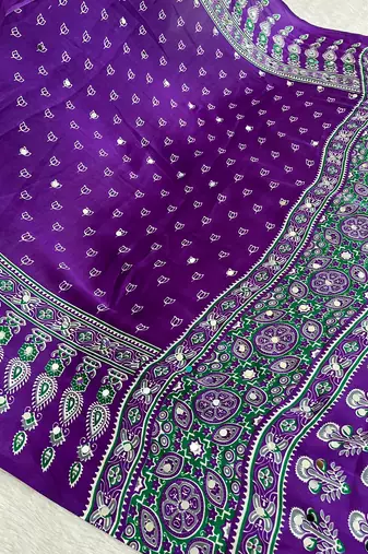 Purple Colour Mirror Work Border And Red Pallu With Red Tassels (Latkan) With Ajarakh Print Gajji Silk Saree