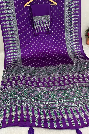 Purple Colour Mirror Work Border And Red Pallu With Red Tassels (Latkan) With Ajarakh Print Gajji Silk Saree