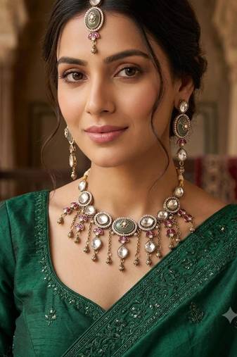 pista mehndi-plated agate stone necklace set with earrings & maang tikka