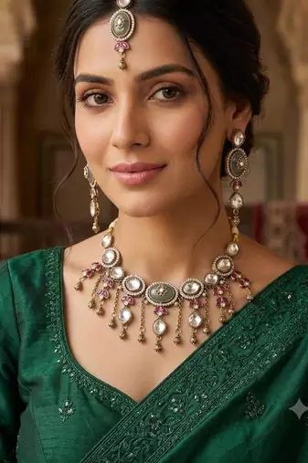 pista mehndi-plated agate stone necklace set with earrings & maang tikka