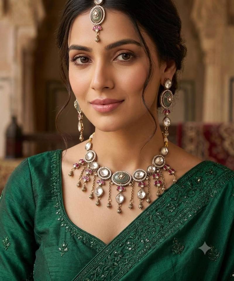 pista mehndi-plated agate stone necklace set with earrings & maang tikka