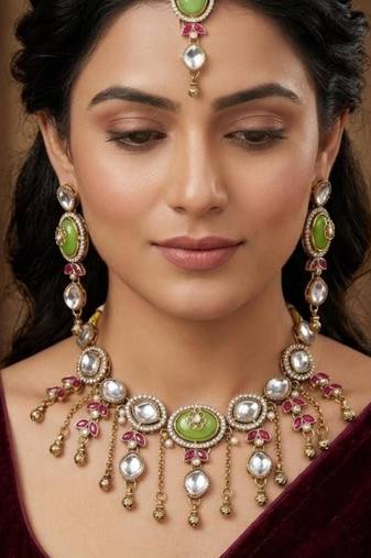 pista mehndi-plated agate stone necklace set with earrings & maang tikka