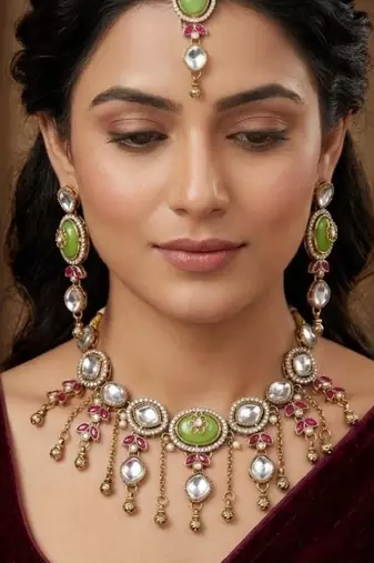 pista mehndi-plated agate stone necklace set with earrings & maang tikka