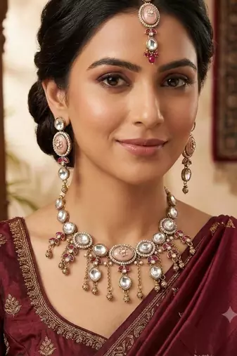 pink mehndi-plated agate stone necklace set with earrings & maang tikka