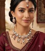 pink mehndi-plated agate stone necklace set with earrings & maang tikka