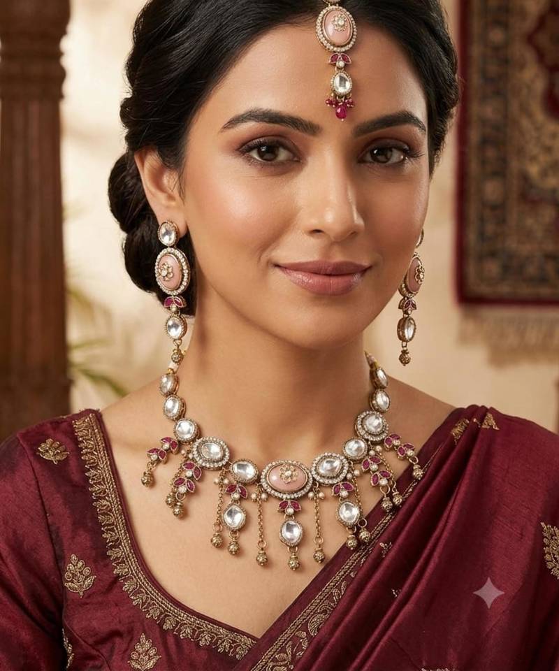 pink mehndi-plated agate stone necklace set with earrings & maang tikka