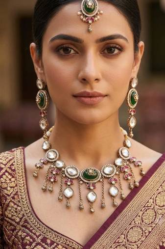 green mehndi-plated agate stone necklace set with earrings & maang tikka
