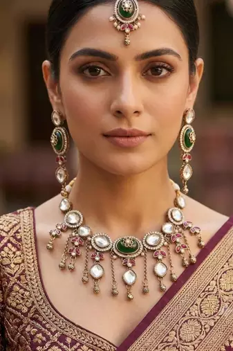 green mehndi-plated agate stone necklace set with earrings & maang tikka