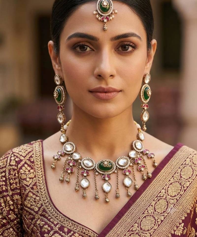 green mehndi-plated agate stone necklace set with earrings & maang tikka
