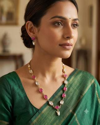 ruby mehndi-plated agate stone necklace set with earrings & kundan 1