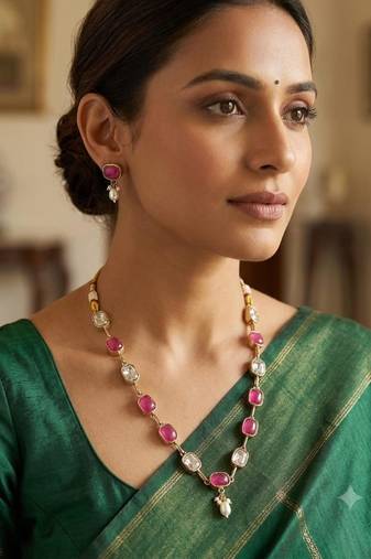 ruby mehndi-plated agate stone necklace set with earrings & kundan