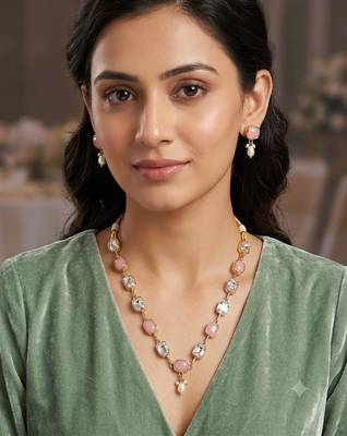 pink mehndi-plated agate stone necklace set with earrings & kundan 1