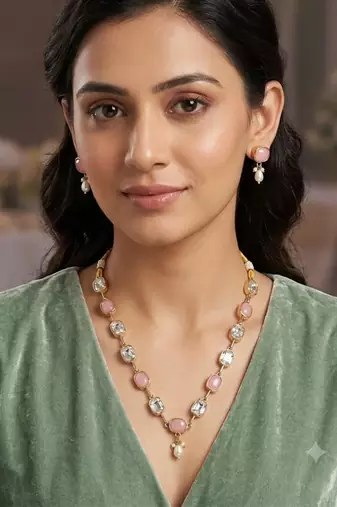 pink mehndi-plated agate stone necklace set with earrings & kundan