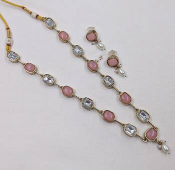 pink mehndi-plated agate stone necklace set with earrings & kundan 2