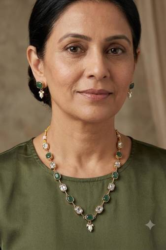 green mehndi-plated agate stone necklace set with earrings & kundan