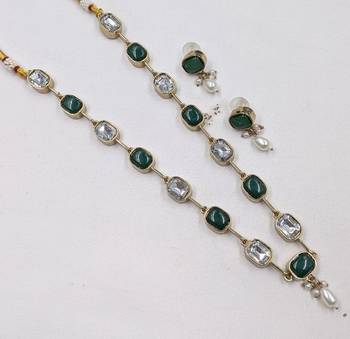 green mehndi-plated agate stone necklace set with earrings & kundan 2