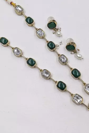 green mehndi-plated agate stone necklace set with earrings & kundan