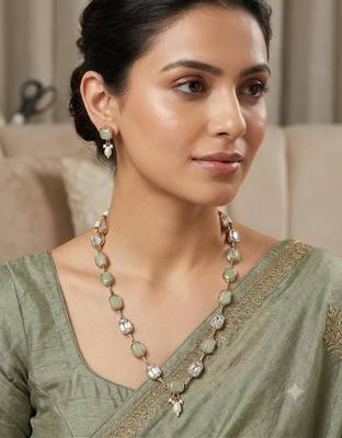 pista mehndi-plated agate stone necklace set with earrings & kundan 1
