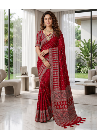 Red Colour Mirror Work Border And Red Pallu With Red Tassels (Latkan) With Ajarakh Print Gajji Silk Saree 1