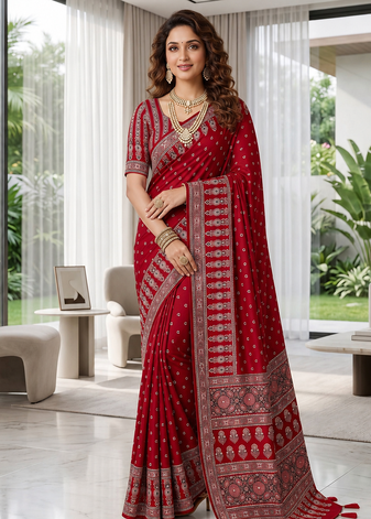 Red Colour Mirror Work Border And Red Pallu With Red Tassels (Latkan) With Ajarakh Print Gajji Silk Saree