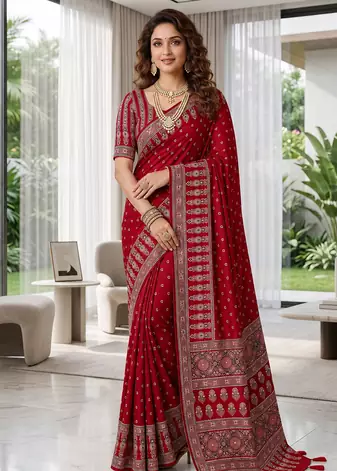 Red Colour Mirror Work Border And Red Pallu With Red Tassels (Latkan) With Ajarakh Print Gajji Silk Saree
