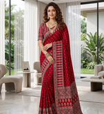 Red Colour Mirror Work Border And Red Pallu With Red Tassels (Latkan) With Ajarakh Print Gajji Silk Saree