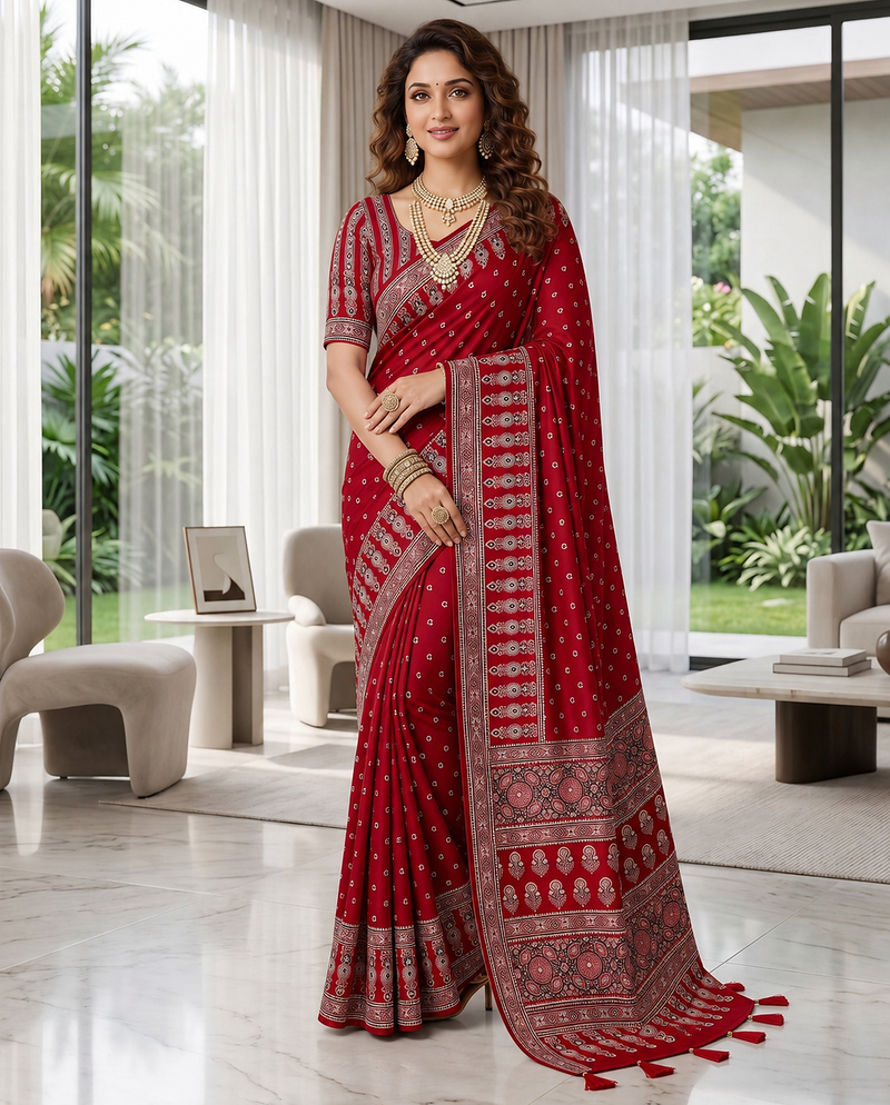 Red Colour Mirror Work Border And Red Pallu With Red Tassels (Latkan) With Ajarakh Print Gajji Silk Saree