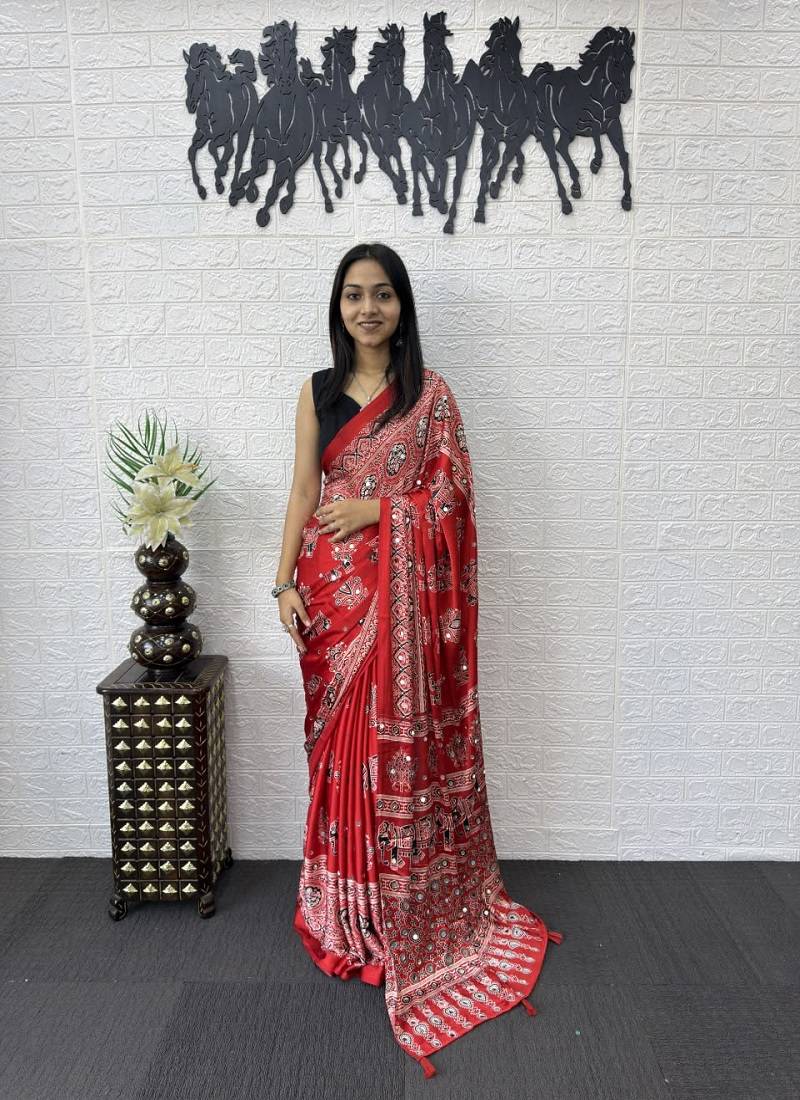 Red Colour Mirror Work Border And Red Pallu With Red Tassels (Latkan) With Ajarakh Print Gajji Silk Saree