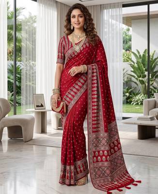 Red Colour Mirror Work Border And Red Pallu With Red Tassels (Latkan) With Ajarakh Print Gajji Silk Saree 2