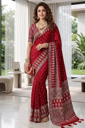 Red Colour Mirror Work Border And Red Pallu With Red Tassels (Latkan) With Ajarakh Print Gajji Silk Saree