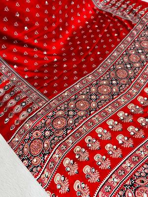 Red Colour Mirror Work Border And Red Pallu With Red Tassels (Latkan) With Ajarakh Print Gajji Silk Saree 3