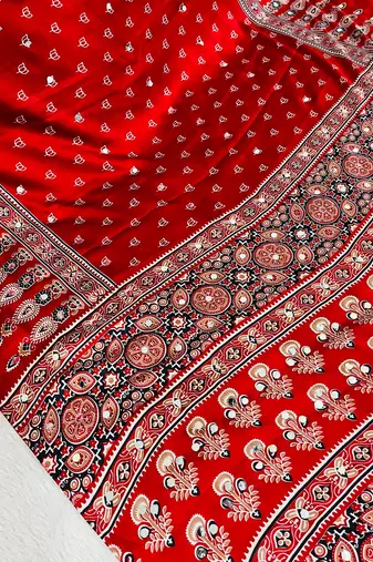 Red Colour Mirror Work Border And Red Pallu With Red Tassels (Latkan) With Ajarakh Print Gajji Silk Saree