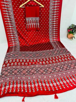 Red Colour Mirror Work Border And Red Pallu With Red Tassels (Latkan) With Ajarakh Print Gajji Silk Saree 4