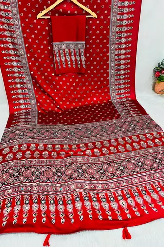 Red Colour Mirror Work Border And Red Pallu With Red Tassels (Latkan) With Ajarakh Print Gajji Silk Saree