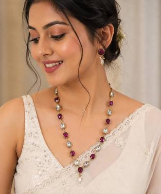 purple mehndi-plated agate stone necklace set with earrings & kundan 1