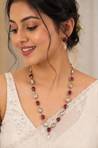 purple mehndi-plated agate stone necklace set with earrings & kundan